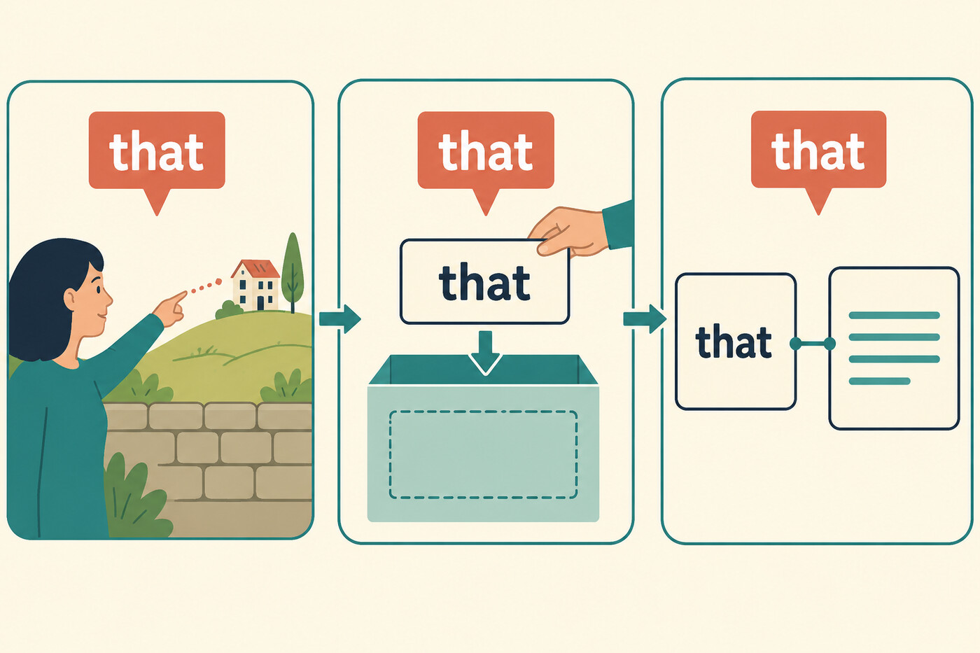 thatの3つの用法をコアイメージで示したイラスト