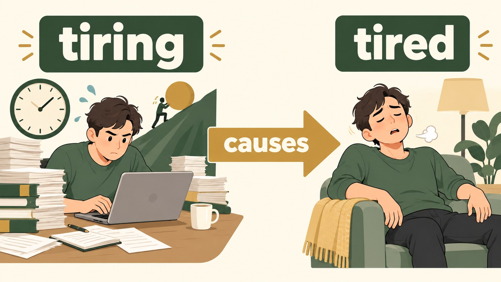 tiringからtiredへ疲れが伝わる方向を示した図解