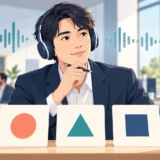 ヘッドホンで3択の英語リスニング問題に挑戦するビジネスパーソンのイラスト