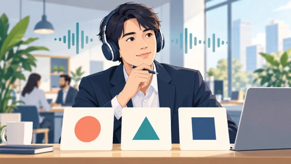 ヘッドホンで3択の英語リスニング問題に挑戦するビジネスパーソンのイラスト
