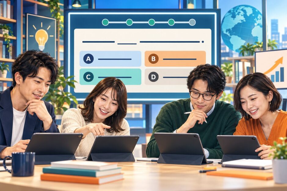 4択のTOEIC Part 5形式英文法クイズに取り組む大人の英語学習者