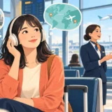 空港で海外旅行の英会話を聞き取る女性のイラスト