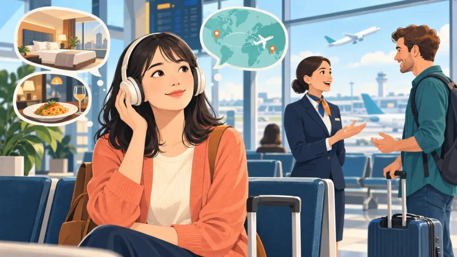 空港で海外旅行の英会話を聞き取る女性のイラスト