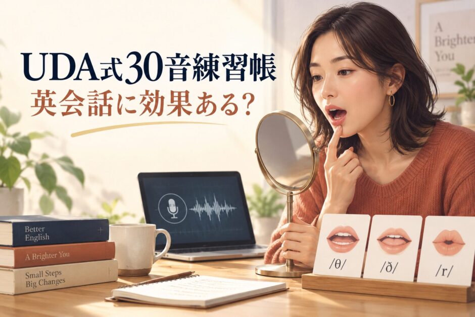 UDA式30音練習帳で口の形を確認しながら英語を発音する学習者
