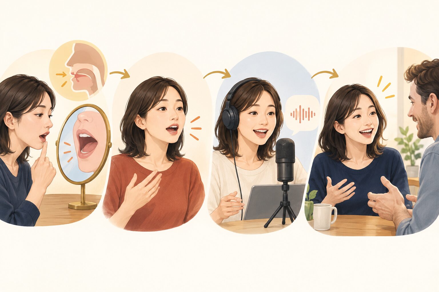 英語の単音から単語、短文、実際の会話へ発音練習を移す流れ