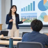 大学の英語プレゼンで発表する学生