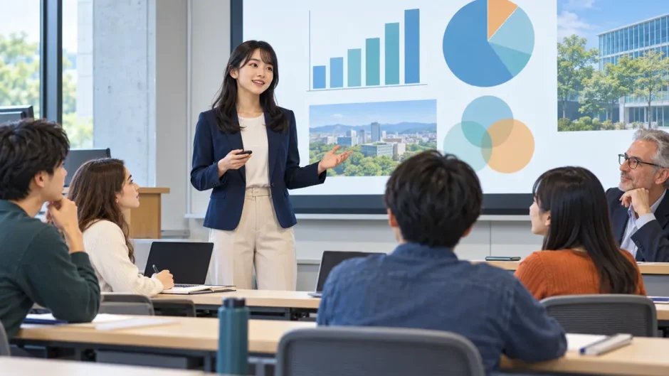 大学の英語プレゼンで発表する学生