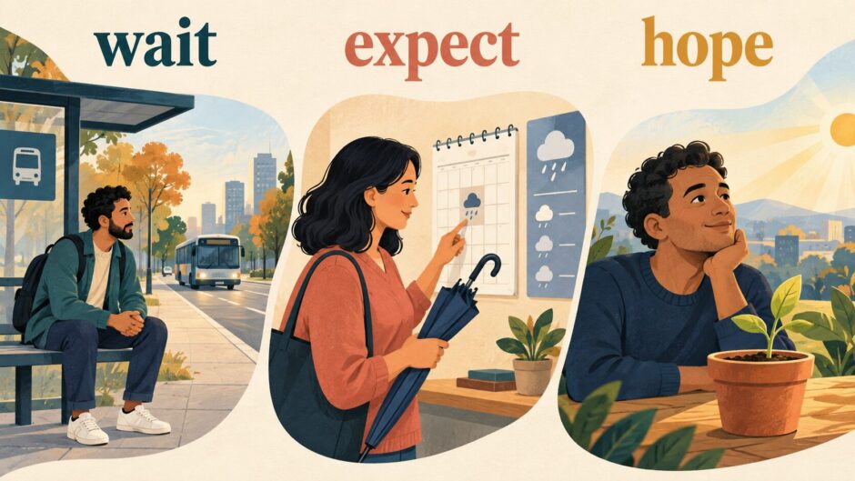 wait・expect・hopeの違いを表す待機・予想・願いのイラスト