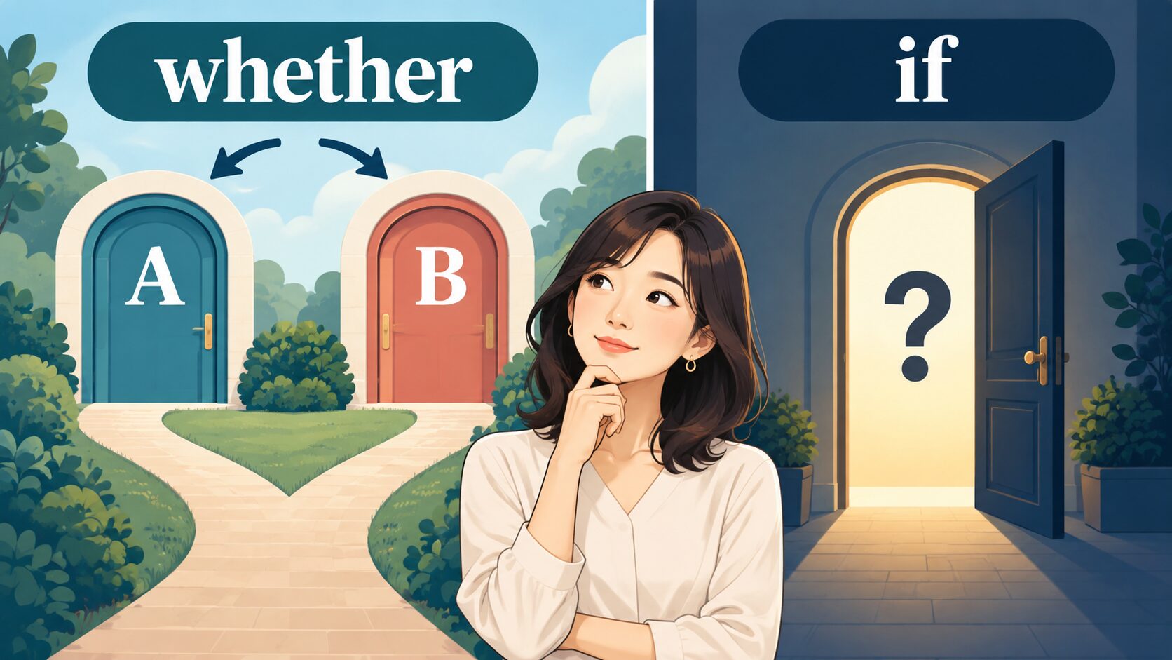 whetherはAとBの両方を比べ、ifは一つの可能性を確かめる違いの図解