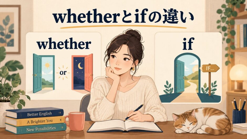whetherとifの違いを比較する女性のアイキャッチ