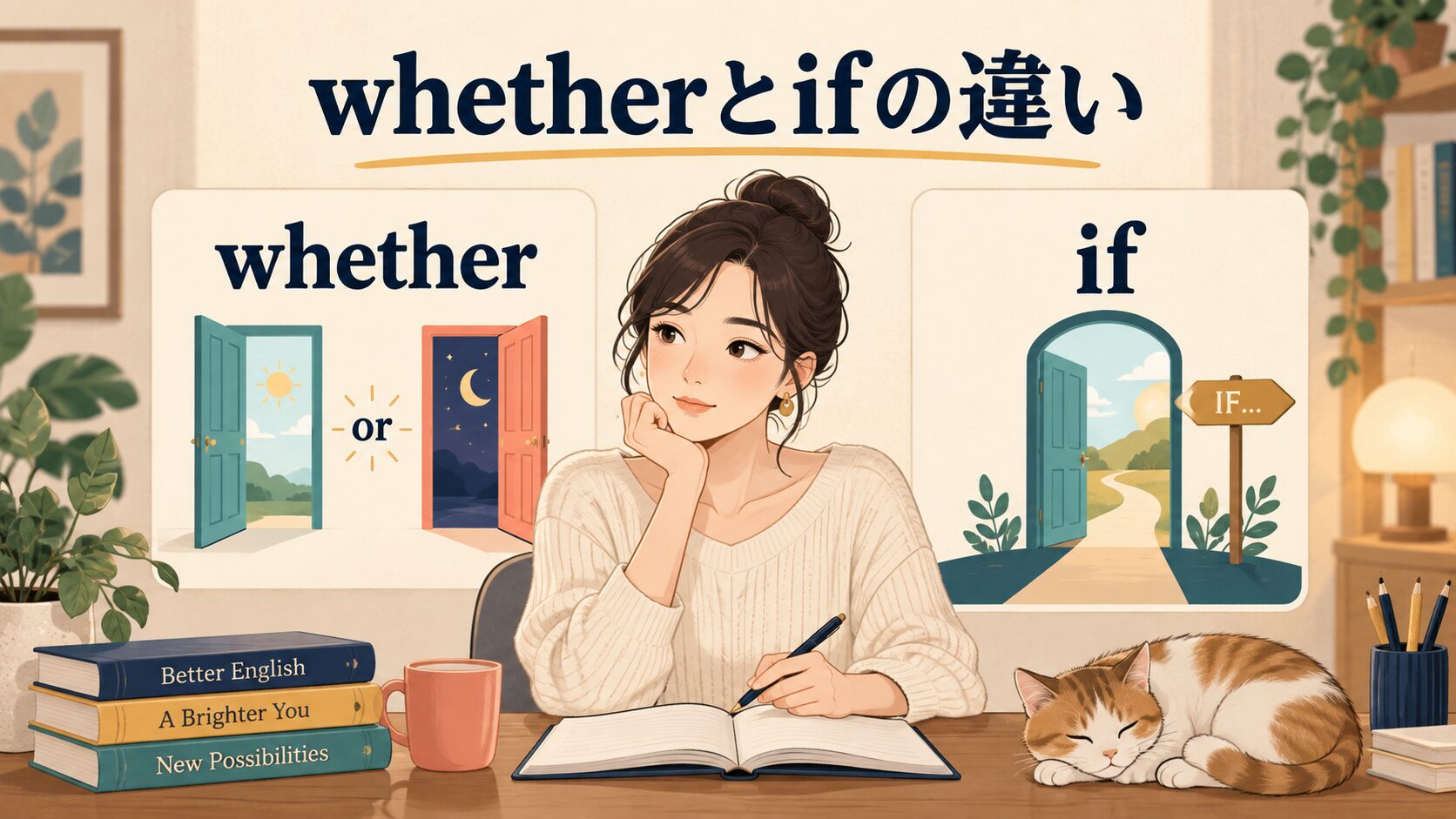 whetherとifの違いを二つの選択肢と一つの条件の扉で表した英語学習イラスト