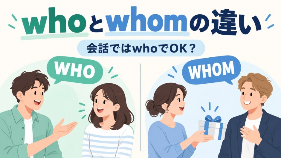 whoとwhomの違いと会話ではwhoでよいかを示すアイキャッチ
