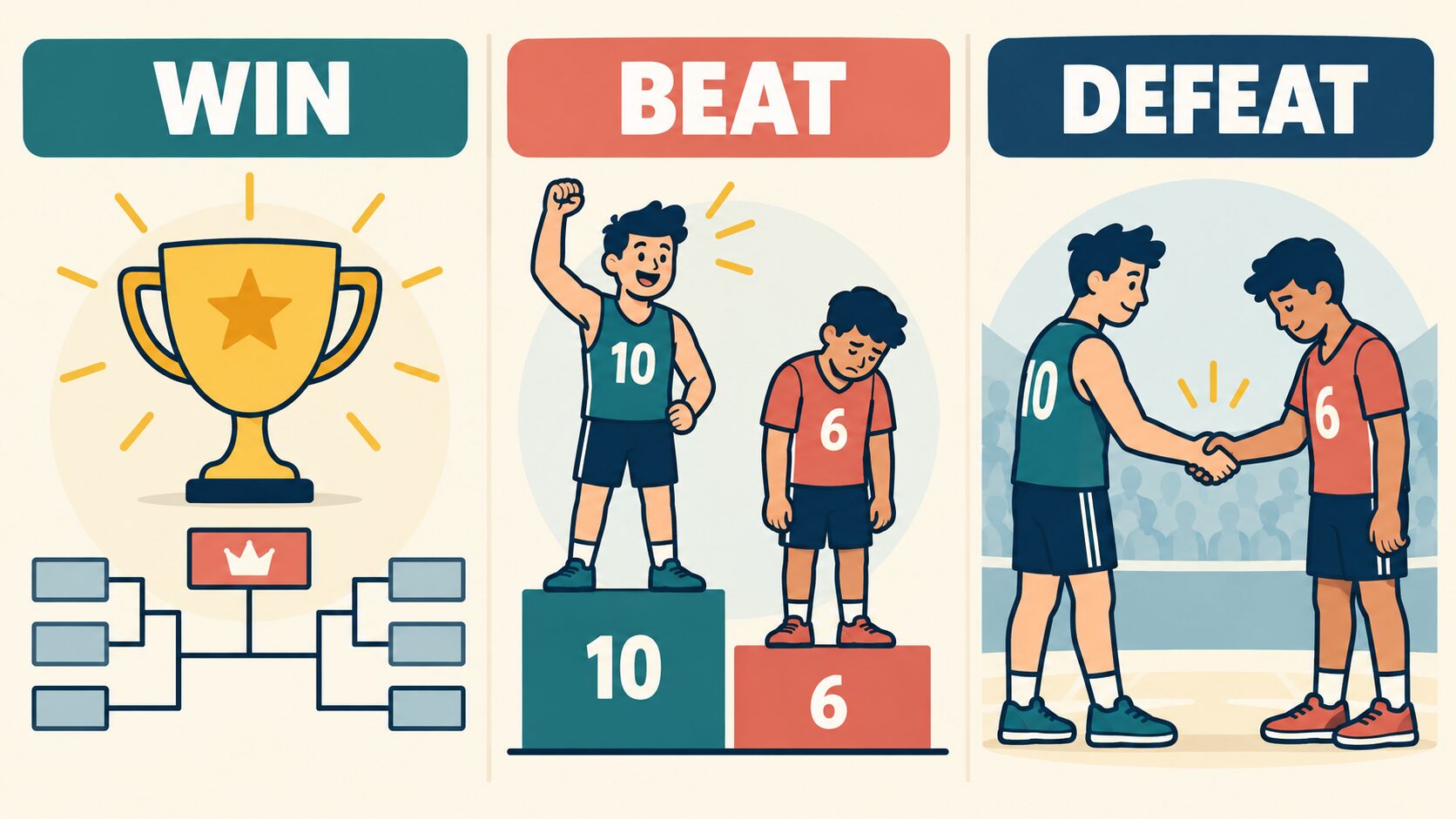 win・beat・defeatの目的語とニュアンスを示す図解