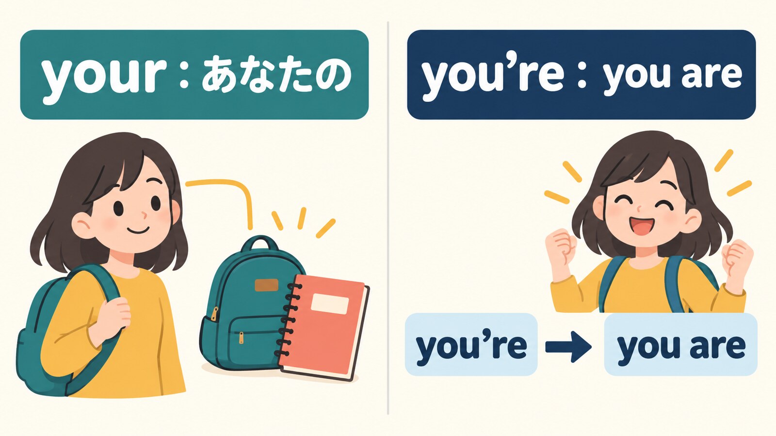 yourはあなたの、you’reはyou areの短縮形であることを示す図解